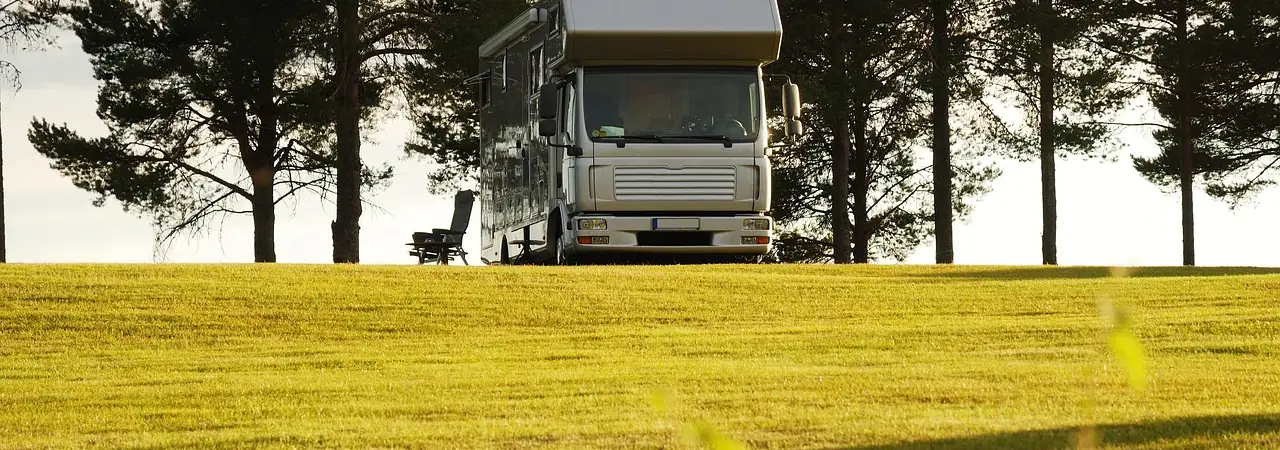 Wohnmobil auf einer Wiese am Waldrand im Abendlicht