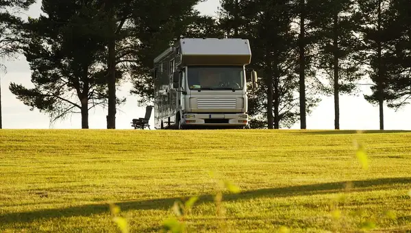 Drohnenaufnahme eines grünen Campingplatzes zwischen Bäumen