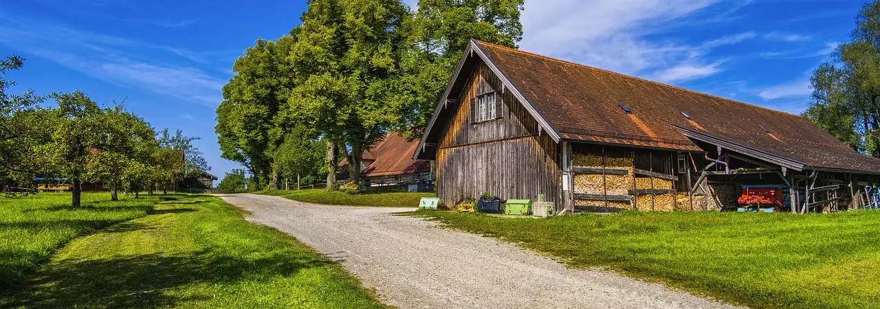 Feldweg führt zu einer alten Holzscheune auf einem Bauernhof