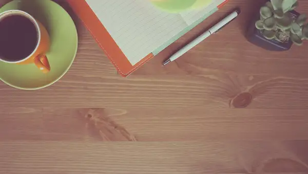 Kaffeetasse, Notizbuch und kleine Pflanze auf einem Holztisch